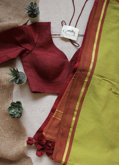 Mehendi Green Varnika Saree + Maroon Madhubala With Sleeves Blouse Combo - Eternity by Sakshi