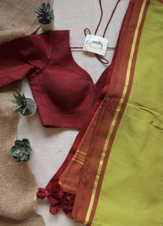Mehendi Green Varnika Saree + Maroon Madhubala With Sleeves Blouse Combo - Eternity by Sakshi