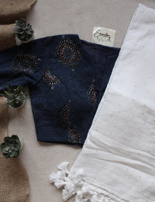White Tara Saree + Ajrakh Hakoba - Blue Grace Blouse Combo - Eternity by Sakshi