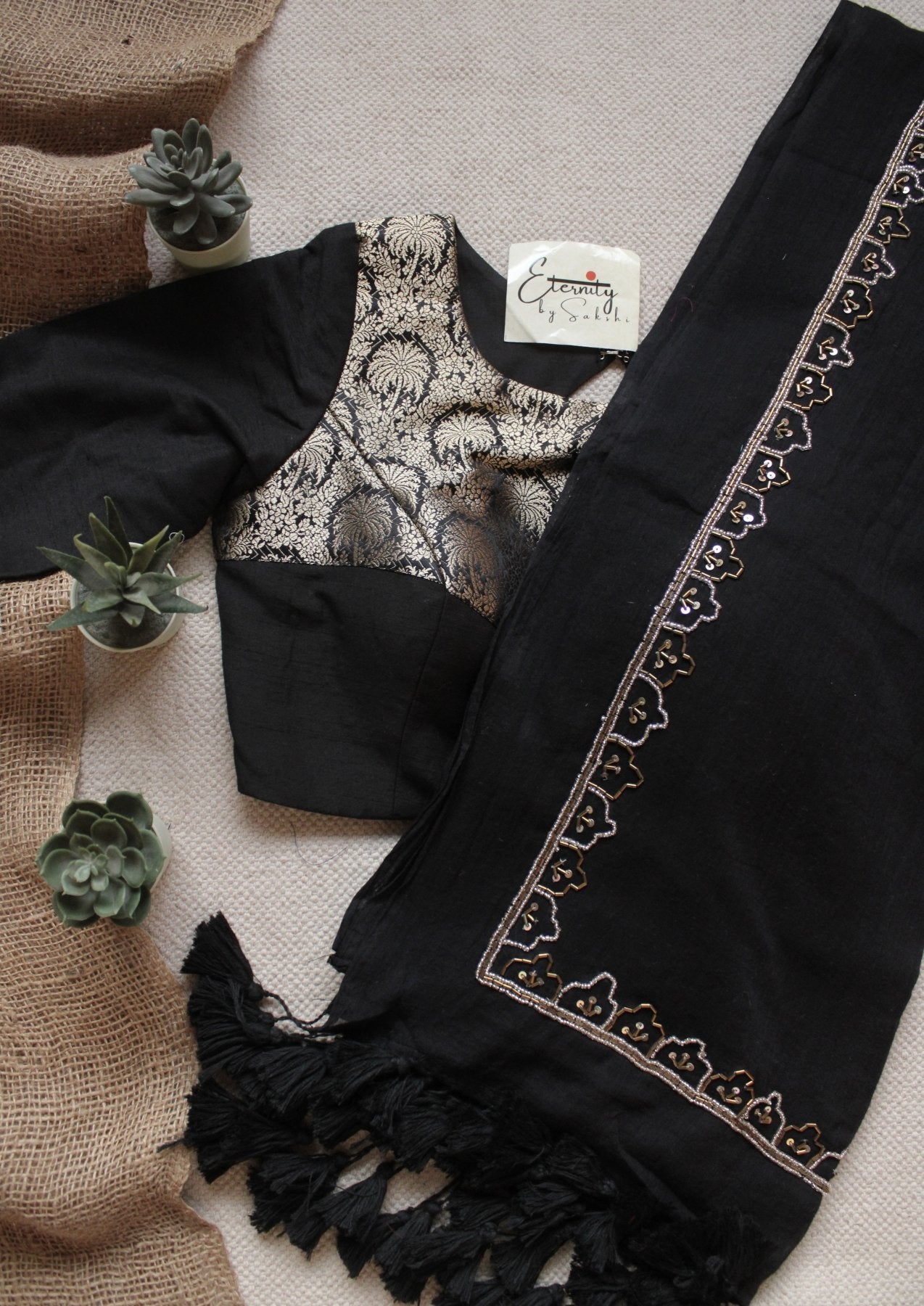 Black Noor Saree + Black Gulnaar Brocade Blouse Combo - Eternity by Sakshi