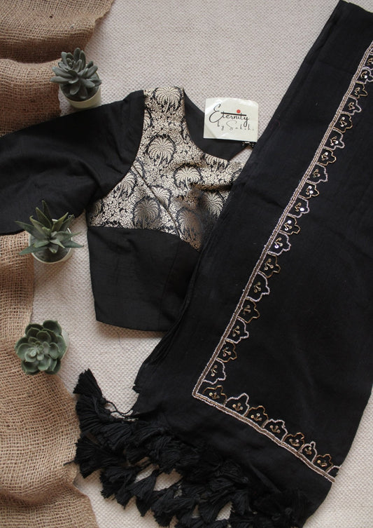 Black Noor Saree + Black Gulnaar Brocade Blouse Combo - Eternity by Sakshi