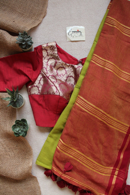 Mehendi Green Varnika Saree + Maroon Gulnaar Brocade Blouse Combo - Eternity by Sakshi