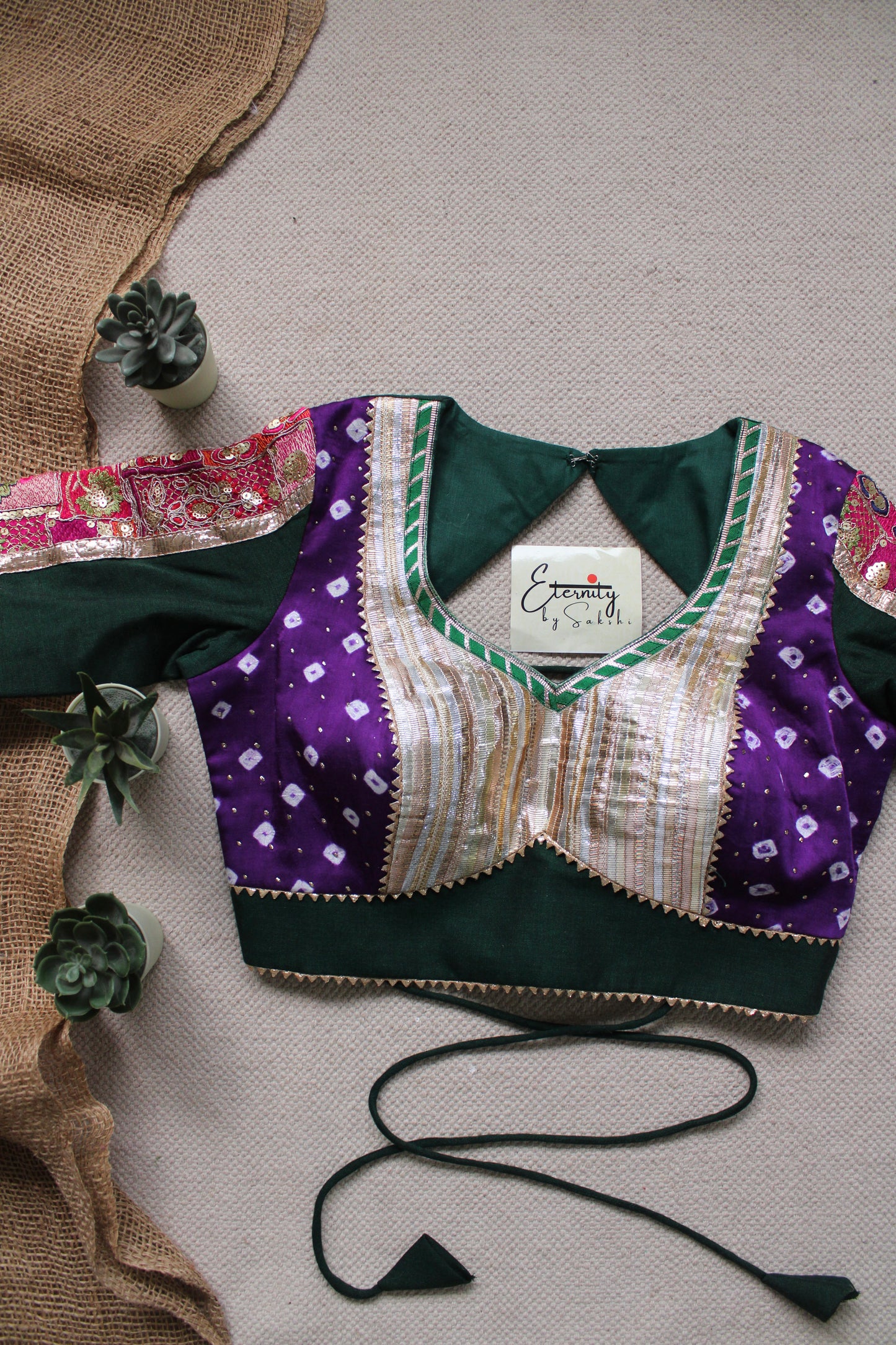 Gehraai Bandhani Multicolor Purple Green Patch Blouse