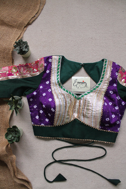 Gehraai Bandhani Multicolor Purple Green Patch Blouse