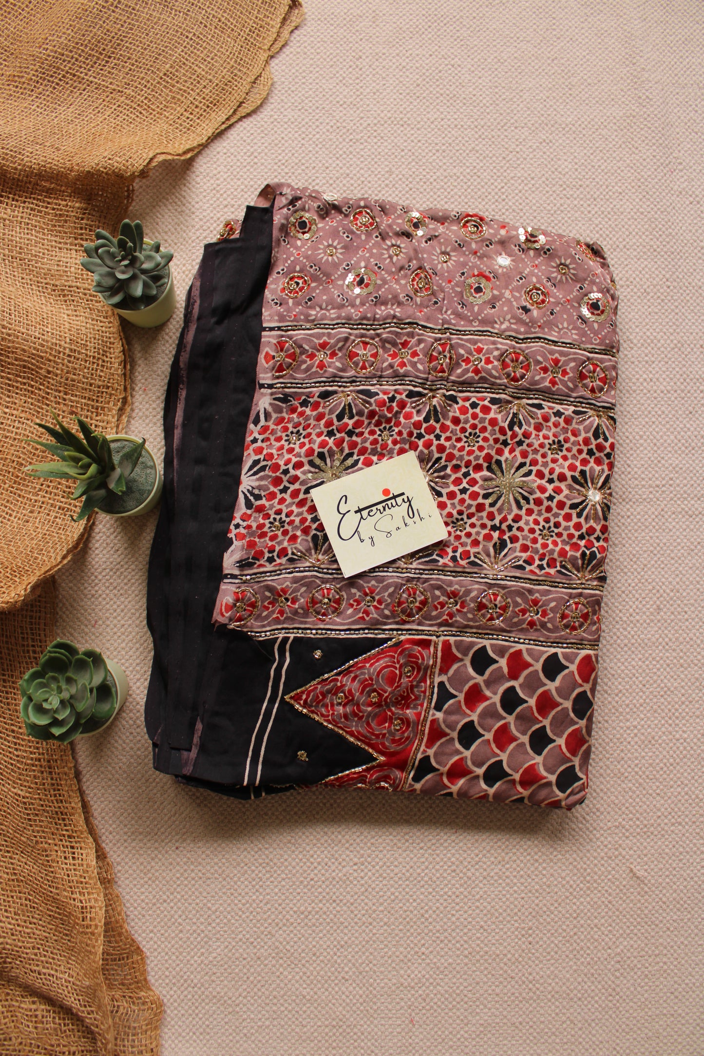 Earthy Tone Ajrakh Modal Silk Handwork Saree