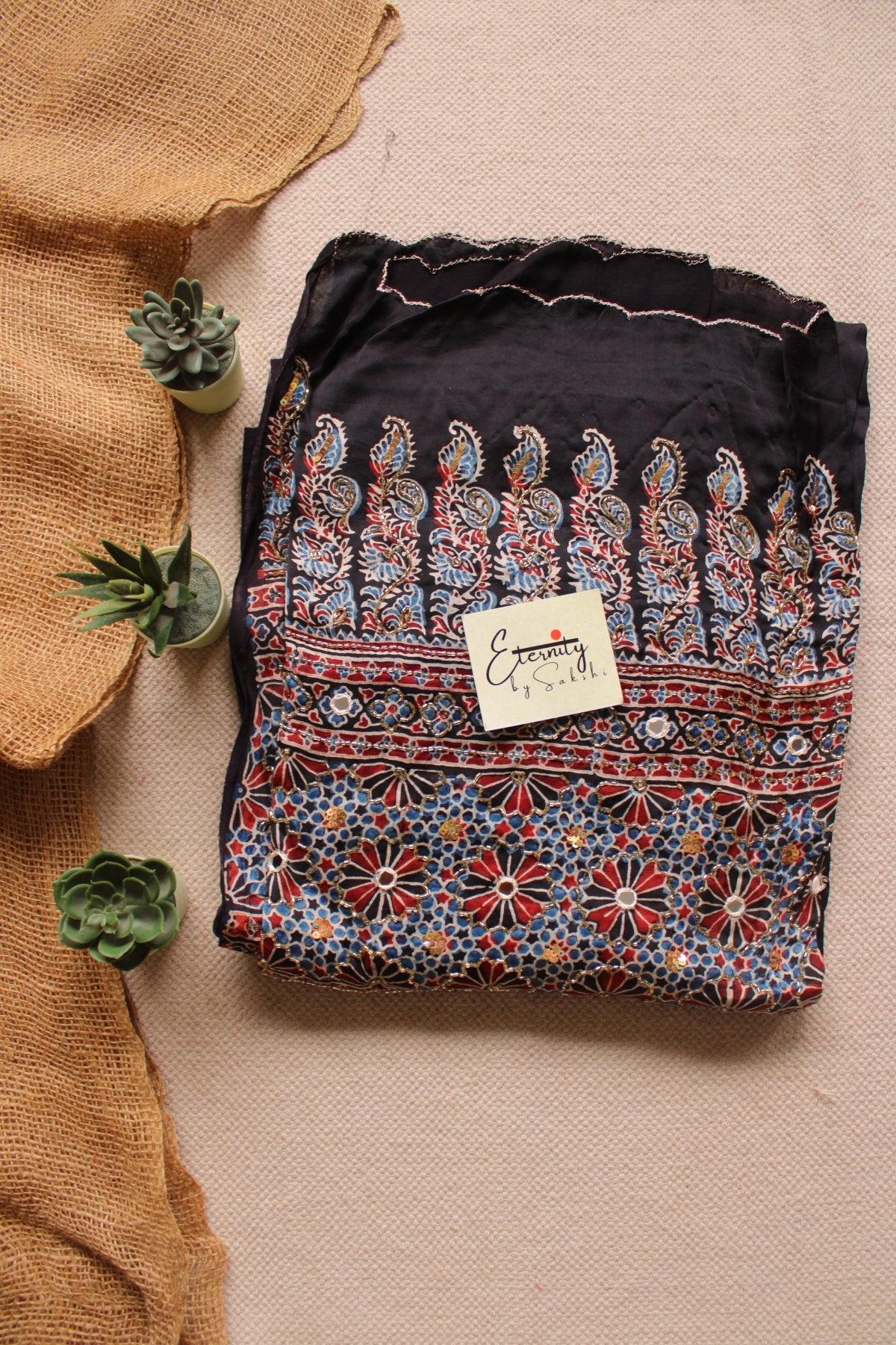 Zariya Blue Ajrakh Modal Silk Saree with Artisan Handwork - Eternity by Sakshi