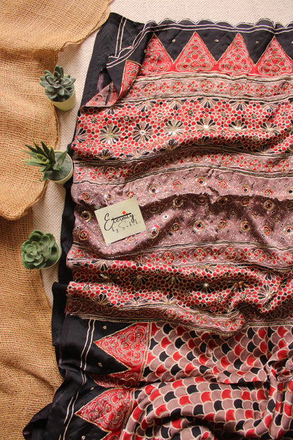 Earthy Tone Ajrakh Modal Silk Handwork Saree