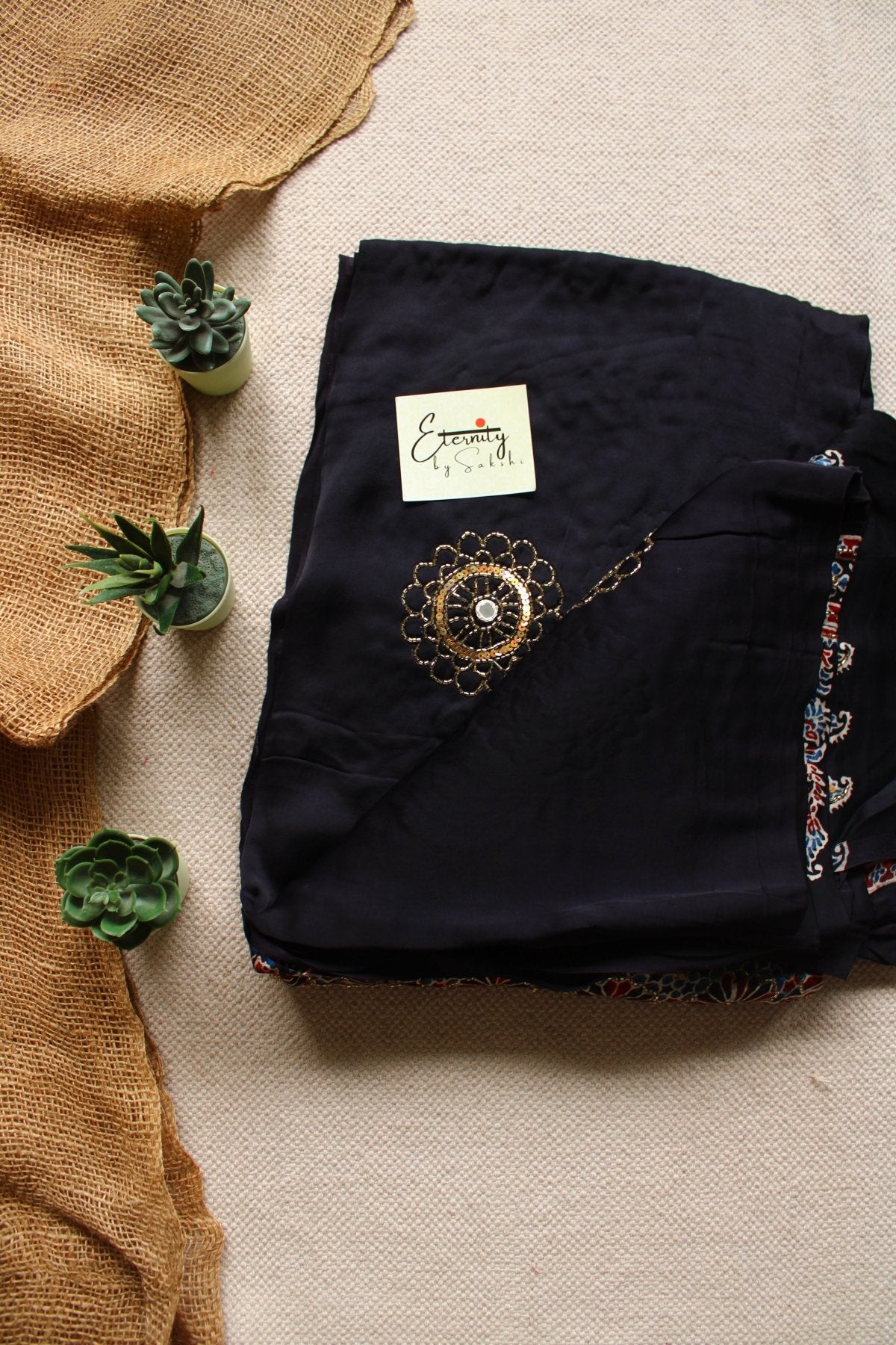 Zariya Blue Ajrakh Modal Silk Saree with Artisan Handwork - Eternity by Sakshi