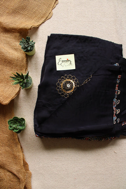 Zariya Blue Ajrakh Modal Silk Saree with Artisan Handwork - Eternity by Sakshi