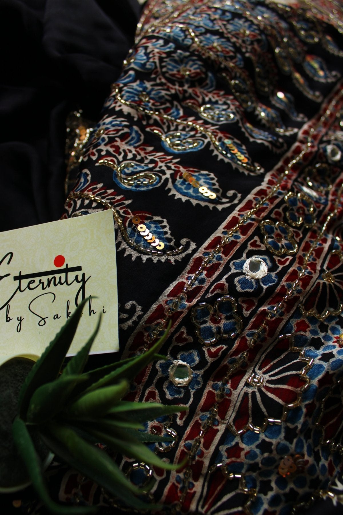 Zariya Blue Ajrakh Modal Silk Saree with Artisan Handwork - Eternity by Sakshi