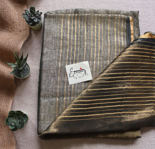 Greenish Black Metallic Stripes Linen Saree + Silver Noorie Blouse Combo - Eternity by Sakshi
