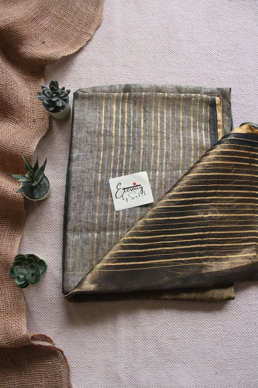Greenish Black metallic Stripes Linen Saree - Eternity by Sakshi