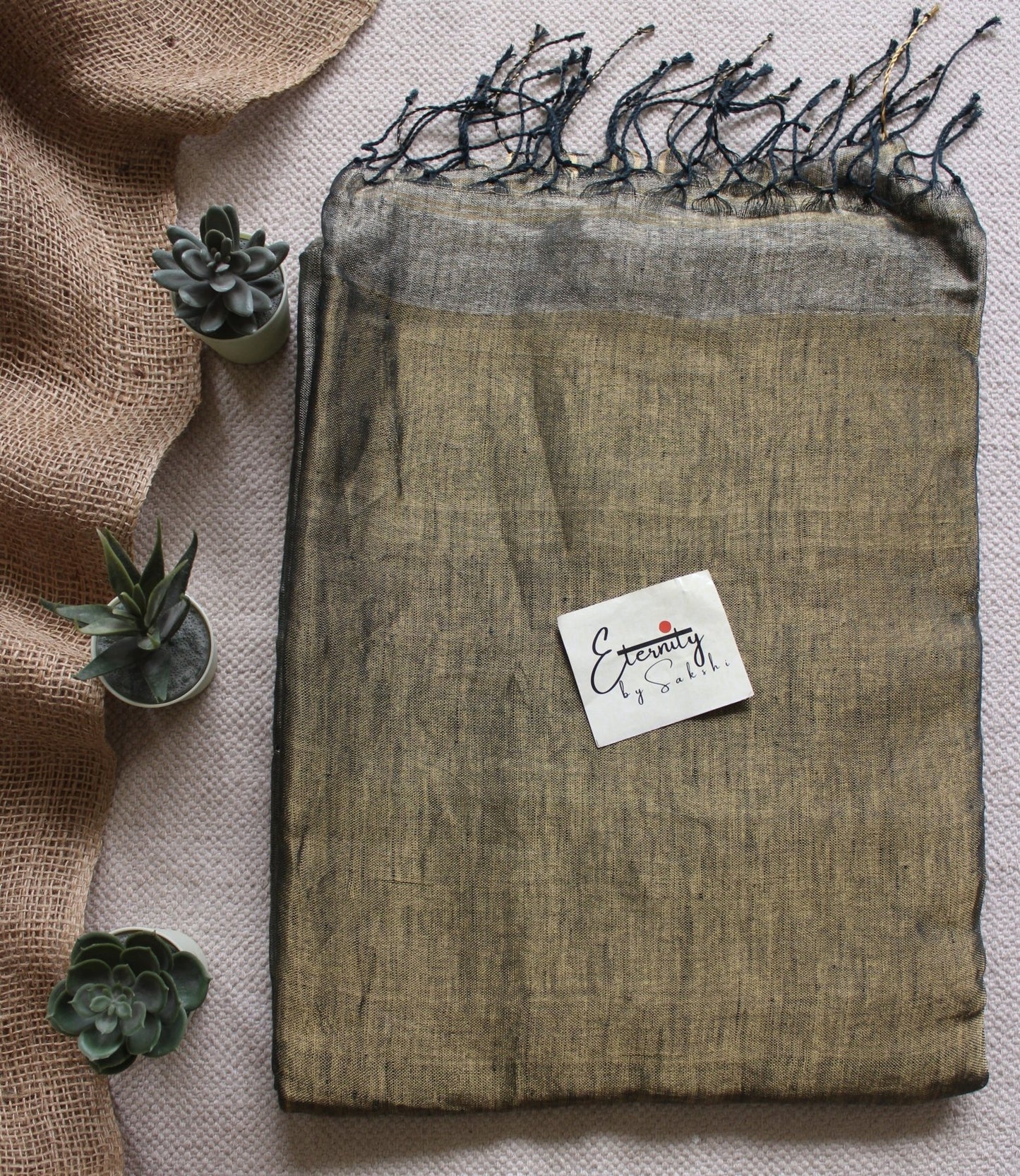 Greenish Black metallic Stripes Linen Saree - Eternity by Sakshi