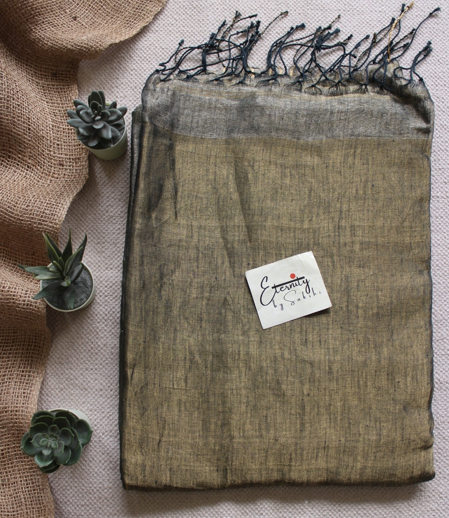 Greenish Black metallic Stripes Linen Saree - Eternity by Sakshi