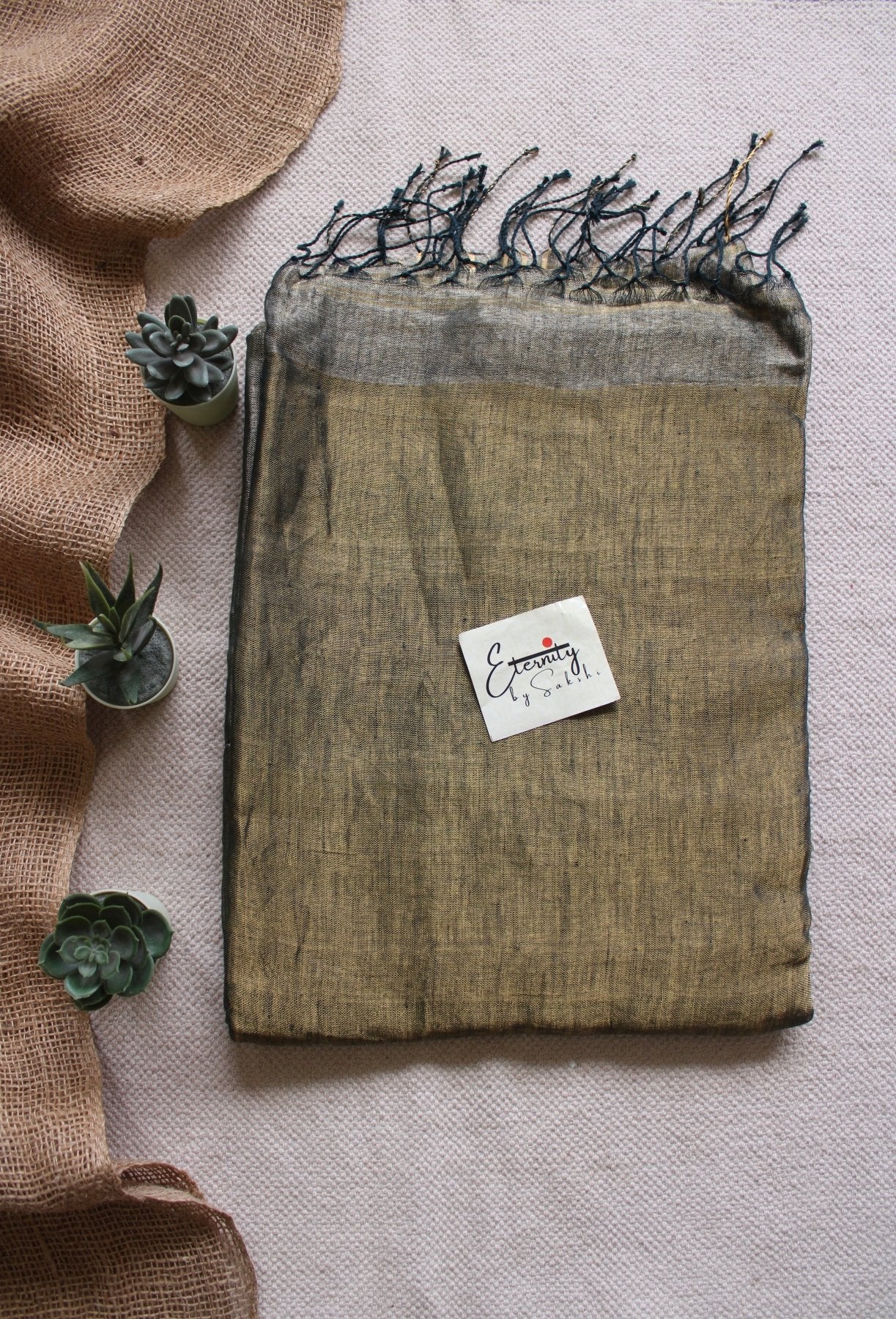Greenish Black metallic Stripes Linen Saree - Eternity by Sakshi