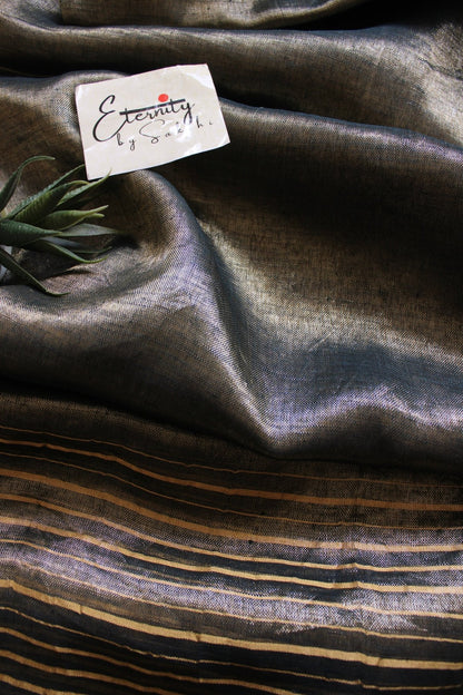 Greenish Black metallic Stripes Linen Saree - Eternity by Sakshi