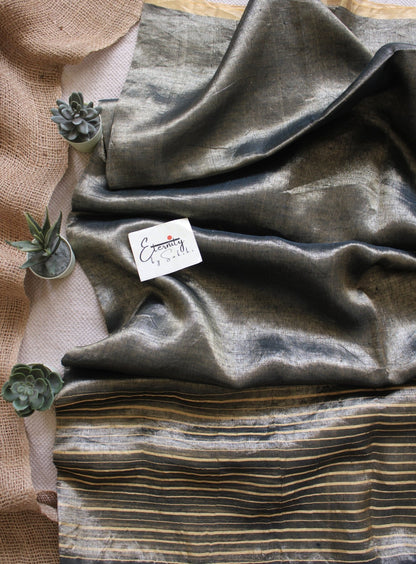 Greenish Black metallic Stripes Linen Saree - Eternity by Sakshi