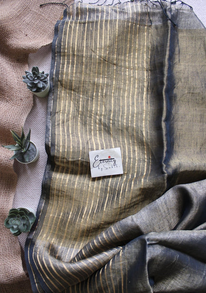 Greenish Black metallic Stripes Linen Saree - Eternity by Sakshi