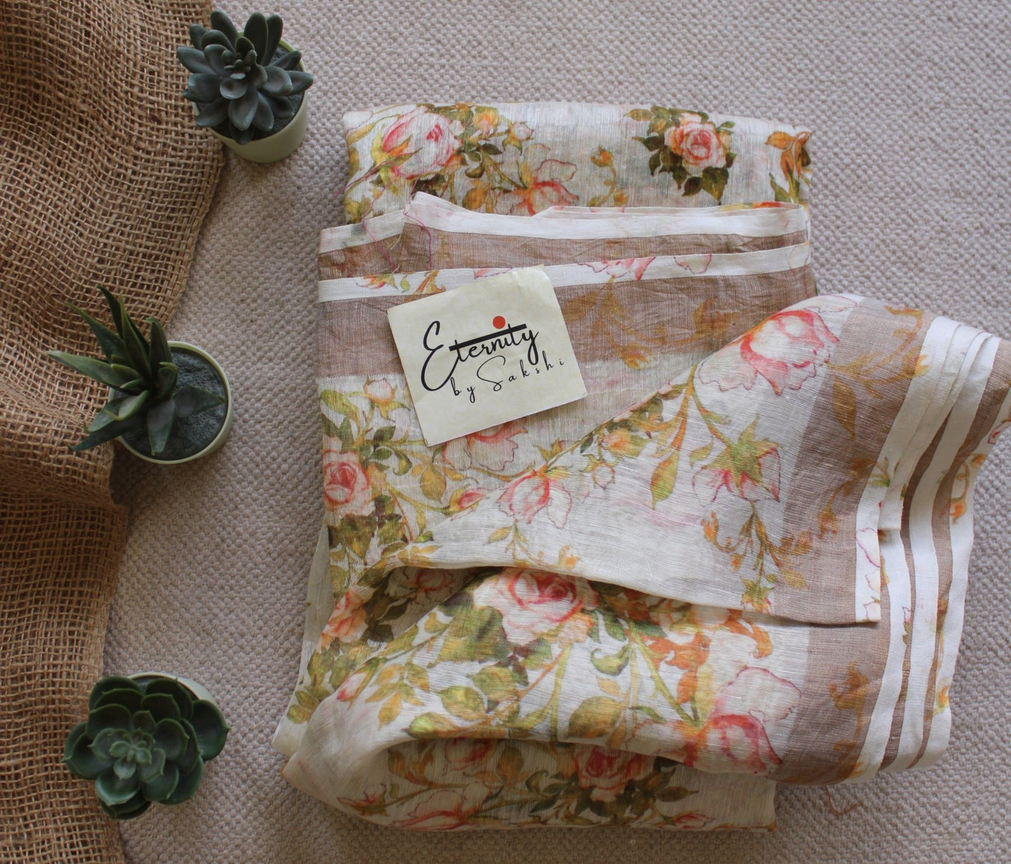 Off White Digital Print Silk Linen Saree - Eternity by Sakshi