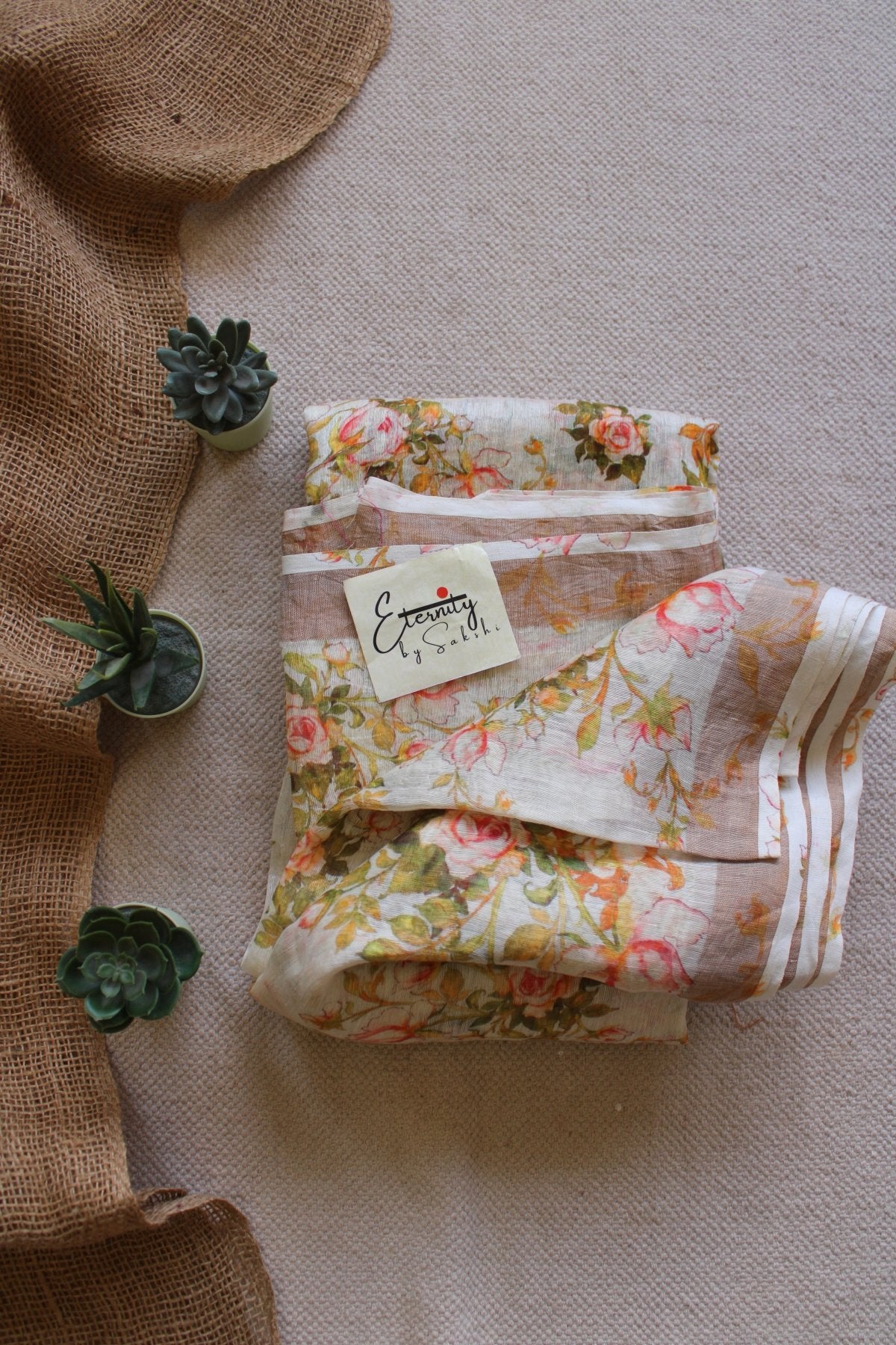Off White Digital Print Silk Linen Saree - Eternity by Sakshi