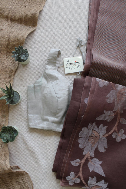 Brown Muslin Silk Saree + Silver Noorie Blouse Combo - Eternity by Sakshi