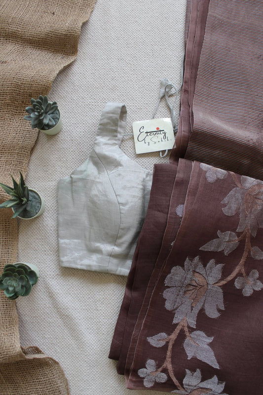Brown Muslin Silk Saree + Silver Noorie Blouse Combo - Eternity by Sakshi