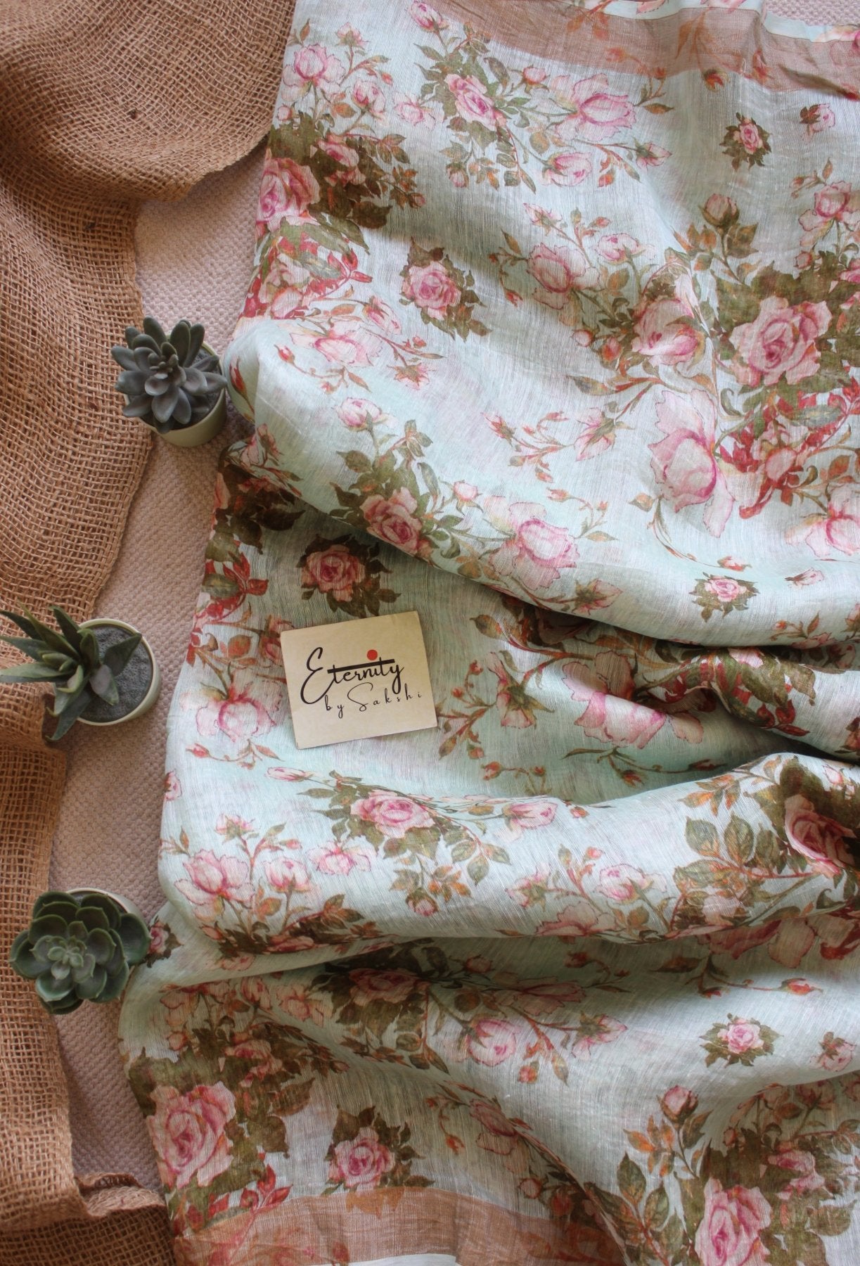 Pastel Green Digital Print Silk Linen Saree - Eternity by Sakshi