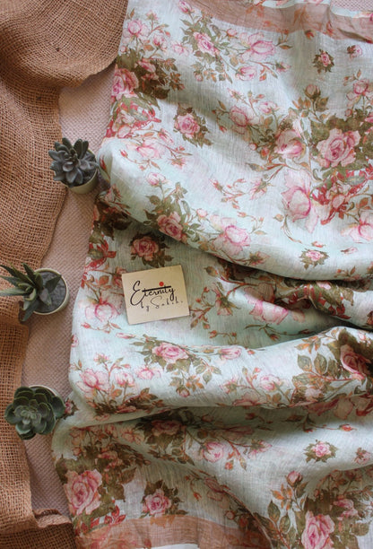 Pastel Green Digital Print Silk Linen Saree - Eternity by Sakshi