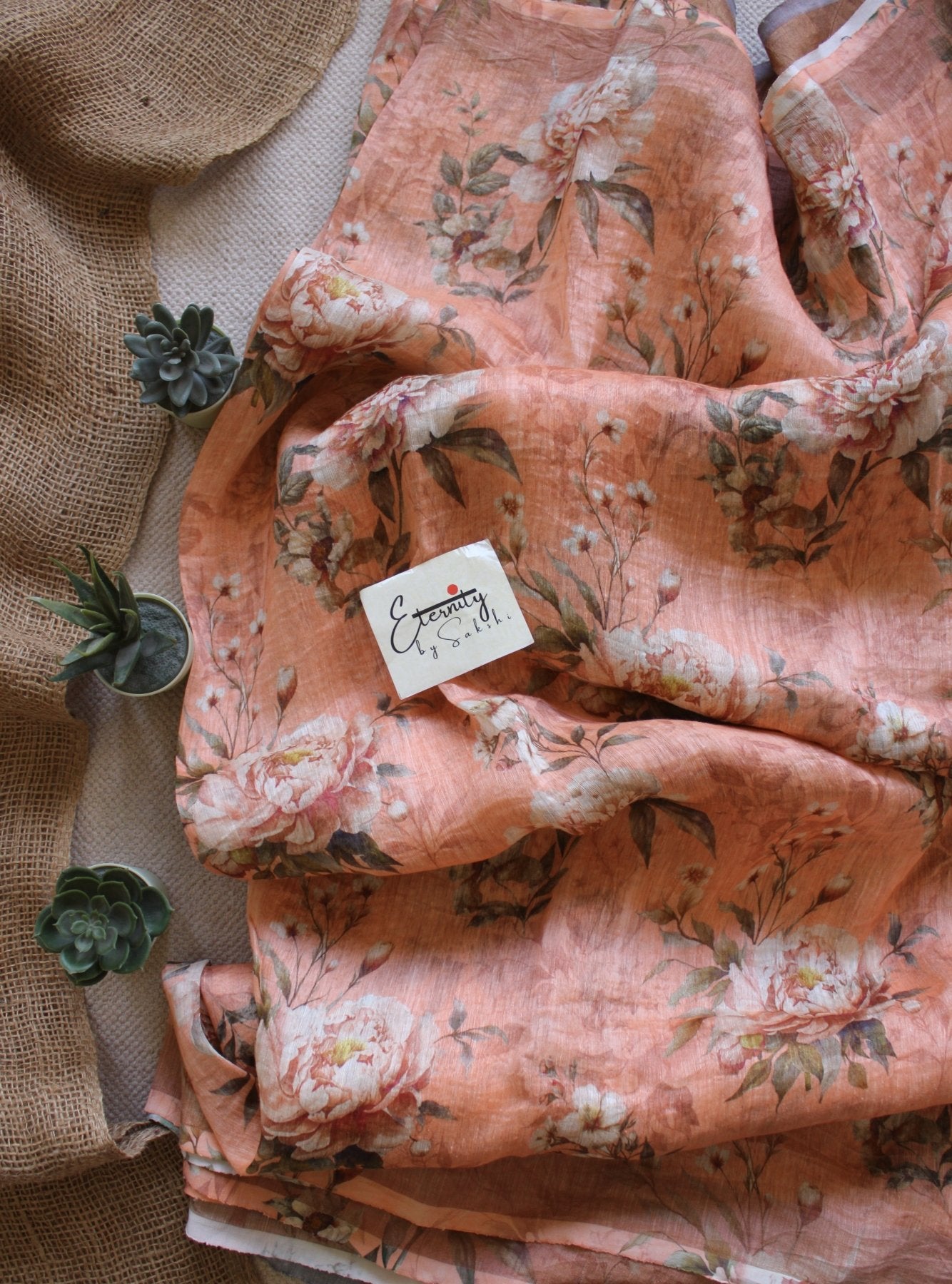 Pastel Peach Digital Print Silk Linen Saree - Eternity by Sakshi