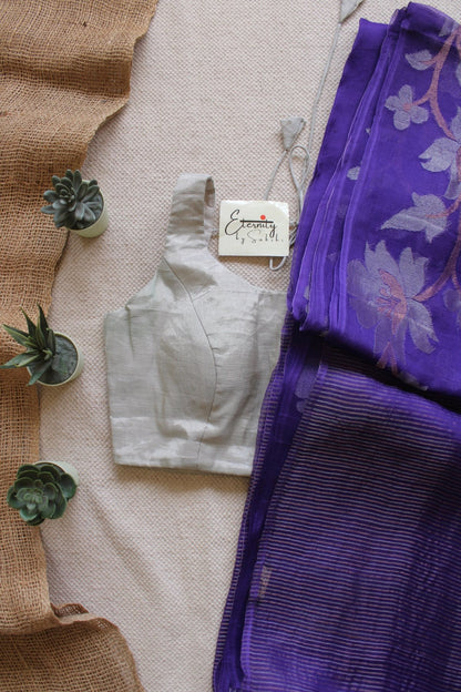 Purple Muslin Silk Saree + Silver Noorie Blouse Combo - Eternity by Sakshi