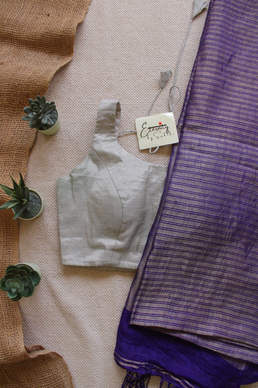 Purple Metallic Stripes Linen Saree + Silver Noorie Blouse Combo - Eternity by Sakshi