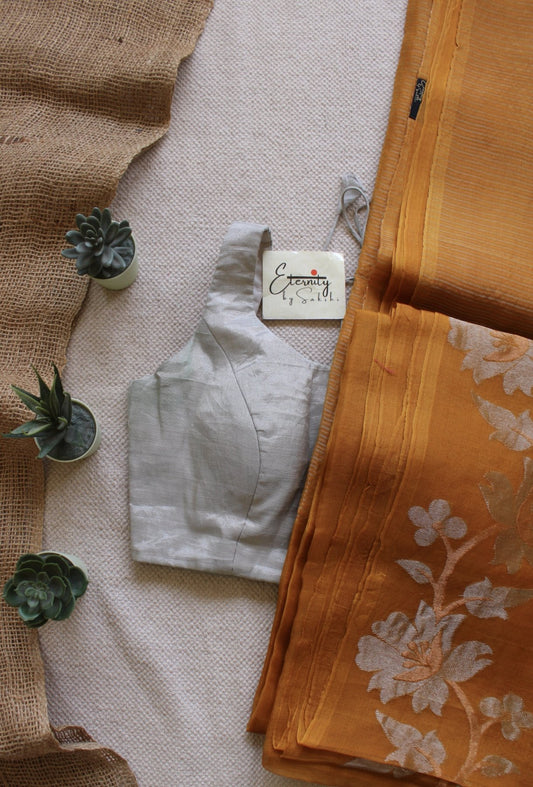 yellow Muslin Silk Saree + Silver Noorie Blouse Combo - Eternity by Sakshi
