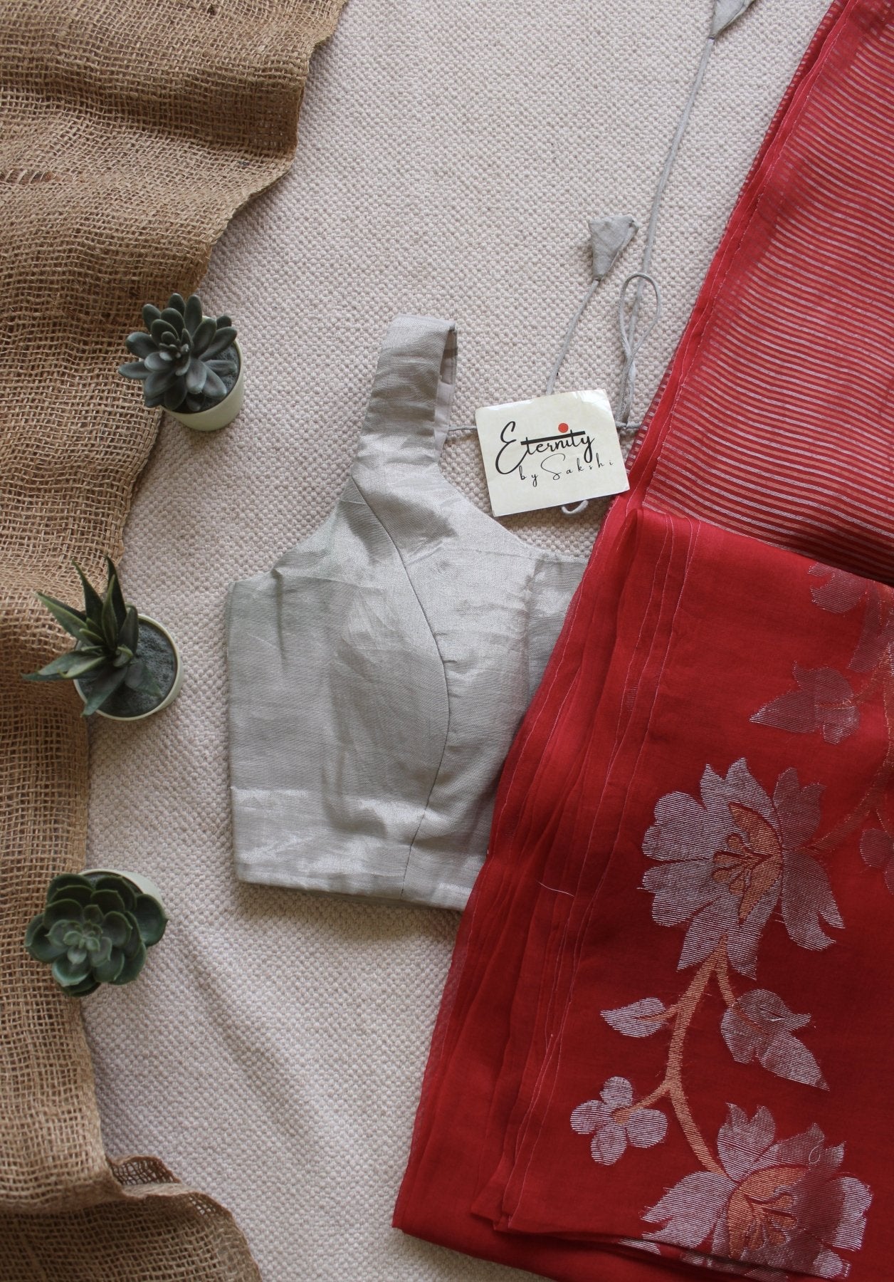 Red Muslin Silk Saree + Silver Noorie Blouse Combo - Eternity by Sakshi