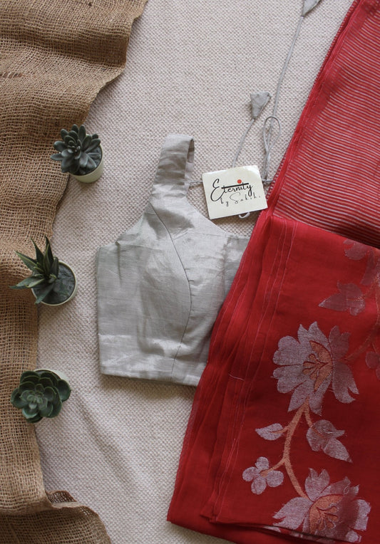 Red Muslin Silk Saree + Silver Noorie Blouse Combo - Eternity by Sakshi