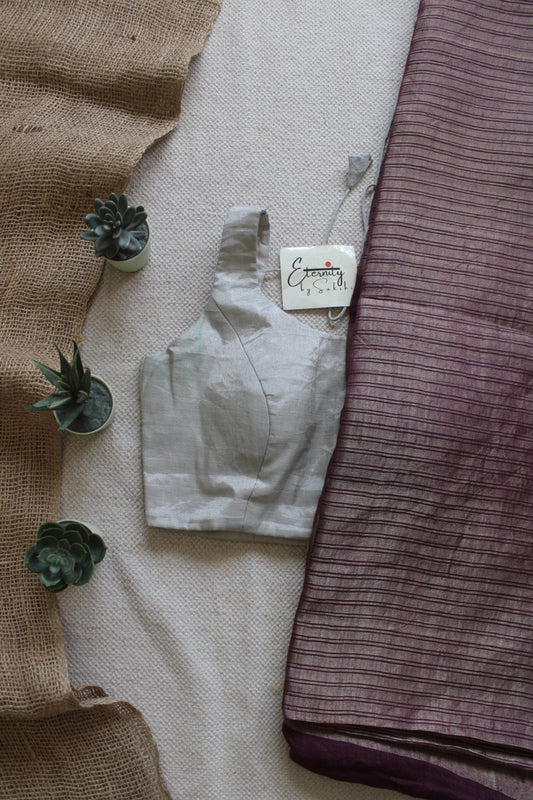 Rosy Stripes Metallic Linen Saree + Silver Noorie Blouse Combo - Eternity by Sakshi