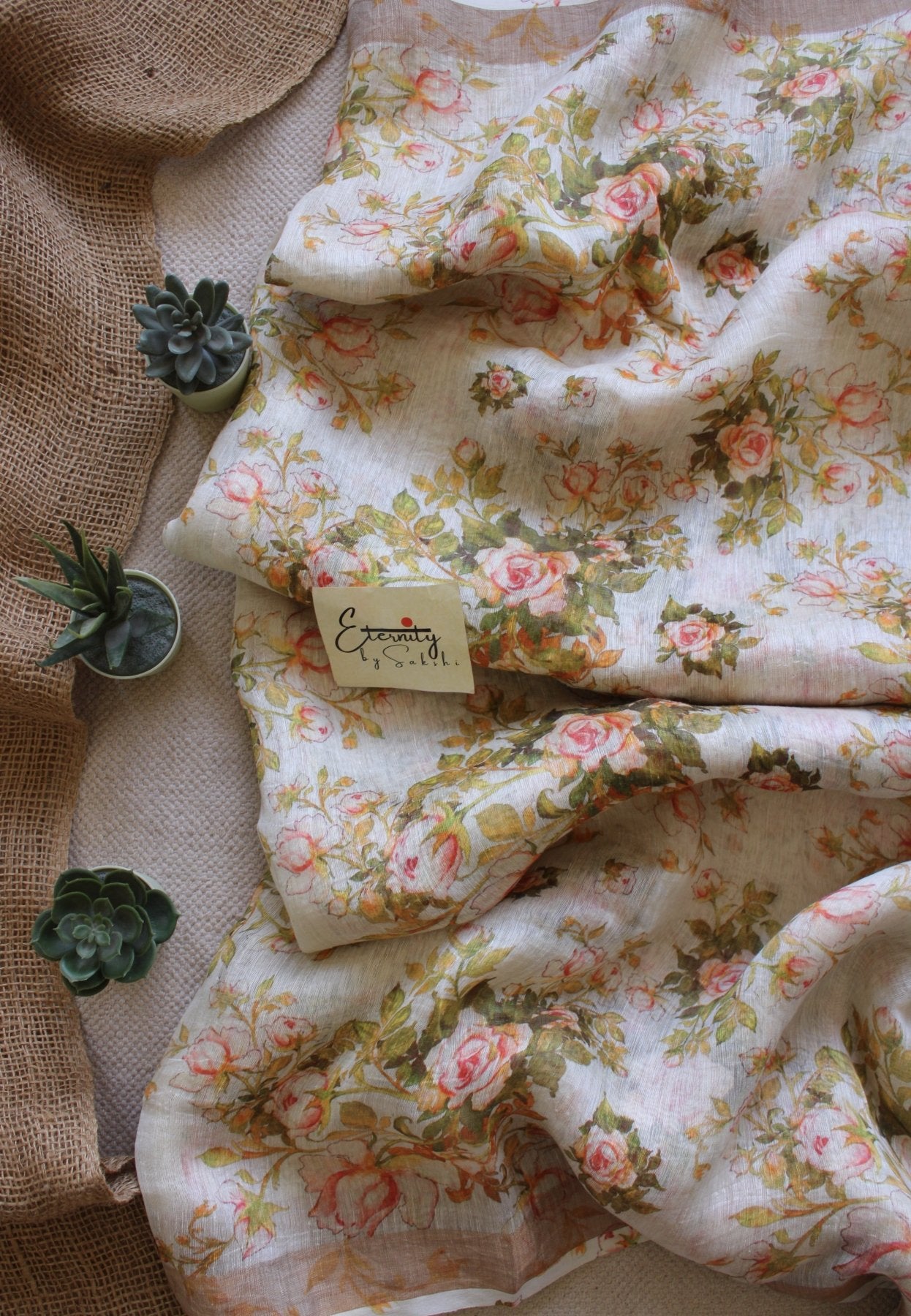 Off White Digital Print Silk Linen Saree - Eternity by Sakshi