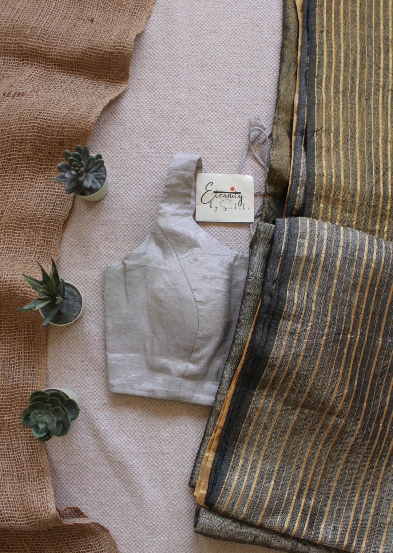 Greenish Black Metallic Stripes Linen Saree + Silver Noorie Blouse Combo - Eternity by Sakshi