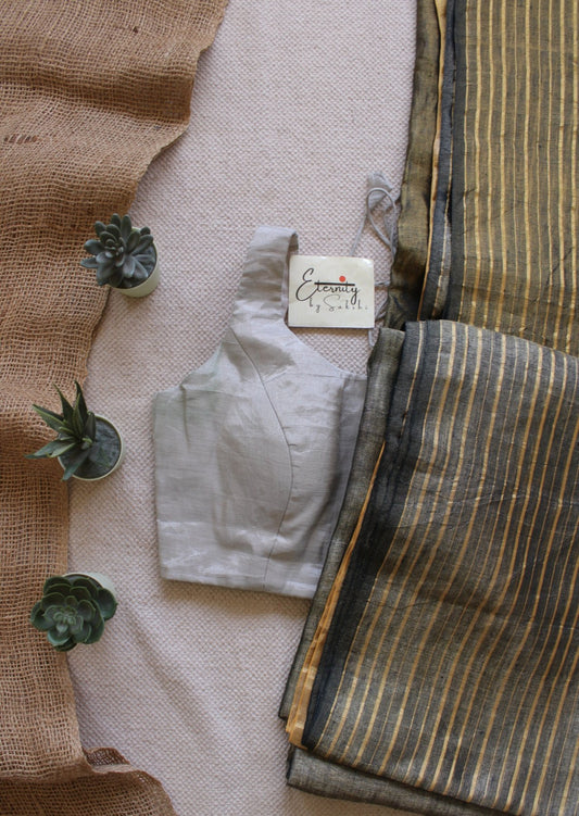 Greenish Black Metallic Stripes Linen Saree + Silver Noorie Blouse Combo - Eternity by Sakshi