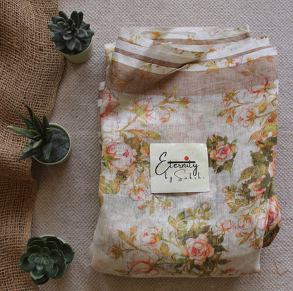 Off White Digital Print Silk Linen Saree - Eternity by Sakshi