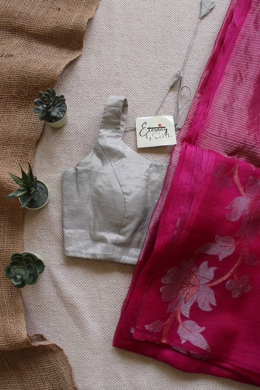 Pink Muslin Silk Saree + Silver Noorie Blouse Combo - Eternity by Sakshi