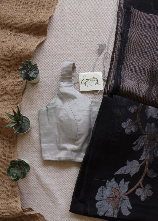Black Muslin Silk Saree + Silver Noorie Blouse Combo - Eternity by Sakshi
