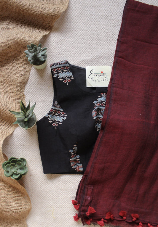 Maroon Breezy Saree + Black Ajrakh Boatneck Blouse Combo - Eternity by Sakshi
