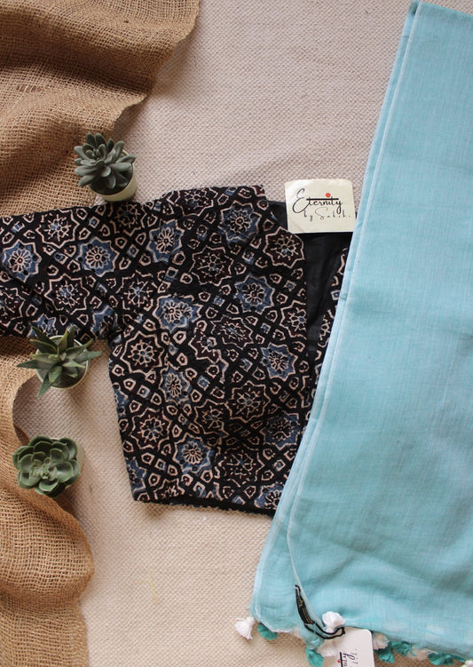 Saundarya Breezy Saree + Ajrakh Hakoba - Black Indigo Blouse Combo - Eternity by Sakshi
