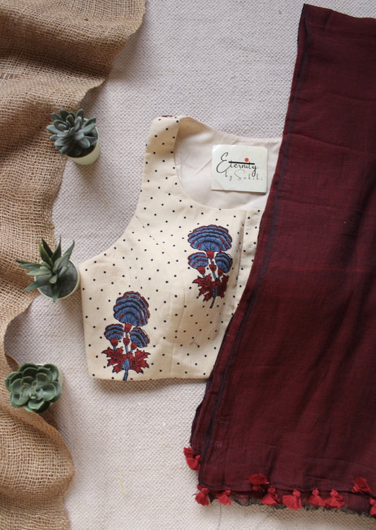 Maroon Breezy Saree + Gulmohar Vanilla Ajrakh Blouse Combo - Eternity by Sakshi