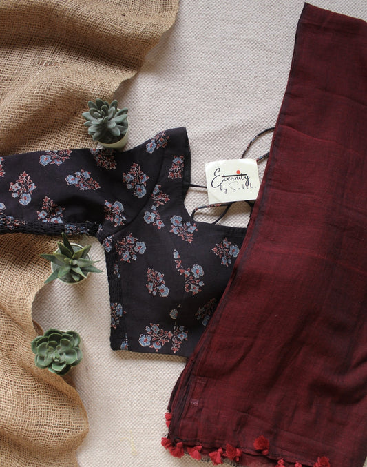 Maroon Breezy Saree + Charcoal Ajrakh Stretchable Blouse Combo - Eternity by Sakshi