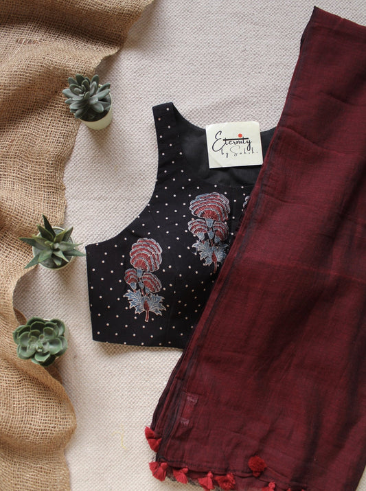 Maroon Breezy Saree + Gulmohar Black Ajrakh Blouse Saree Combo - Eternity by Sakshi