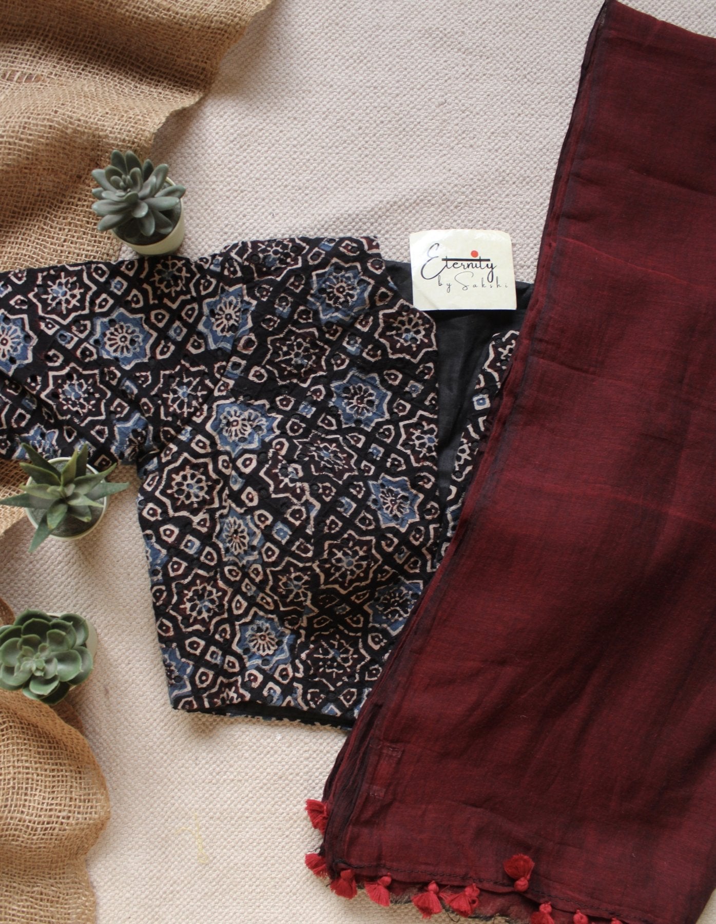 Maroon Breezy Saree + Ajrakh Hakoba - Black Indigo Blouse Combo - Eternity by Sakshi