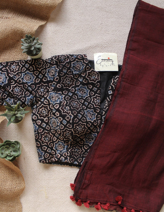 Maroon Breezy Saree + Ajrakh Hakoba - Black Indigo Blouse Combo - Eternity by Sakshi