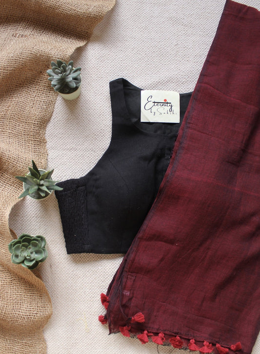 Maroon Breezy Saree + Gulmohar Black Stretchable Blouse Combo - Eternity by Sakshi