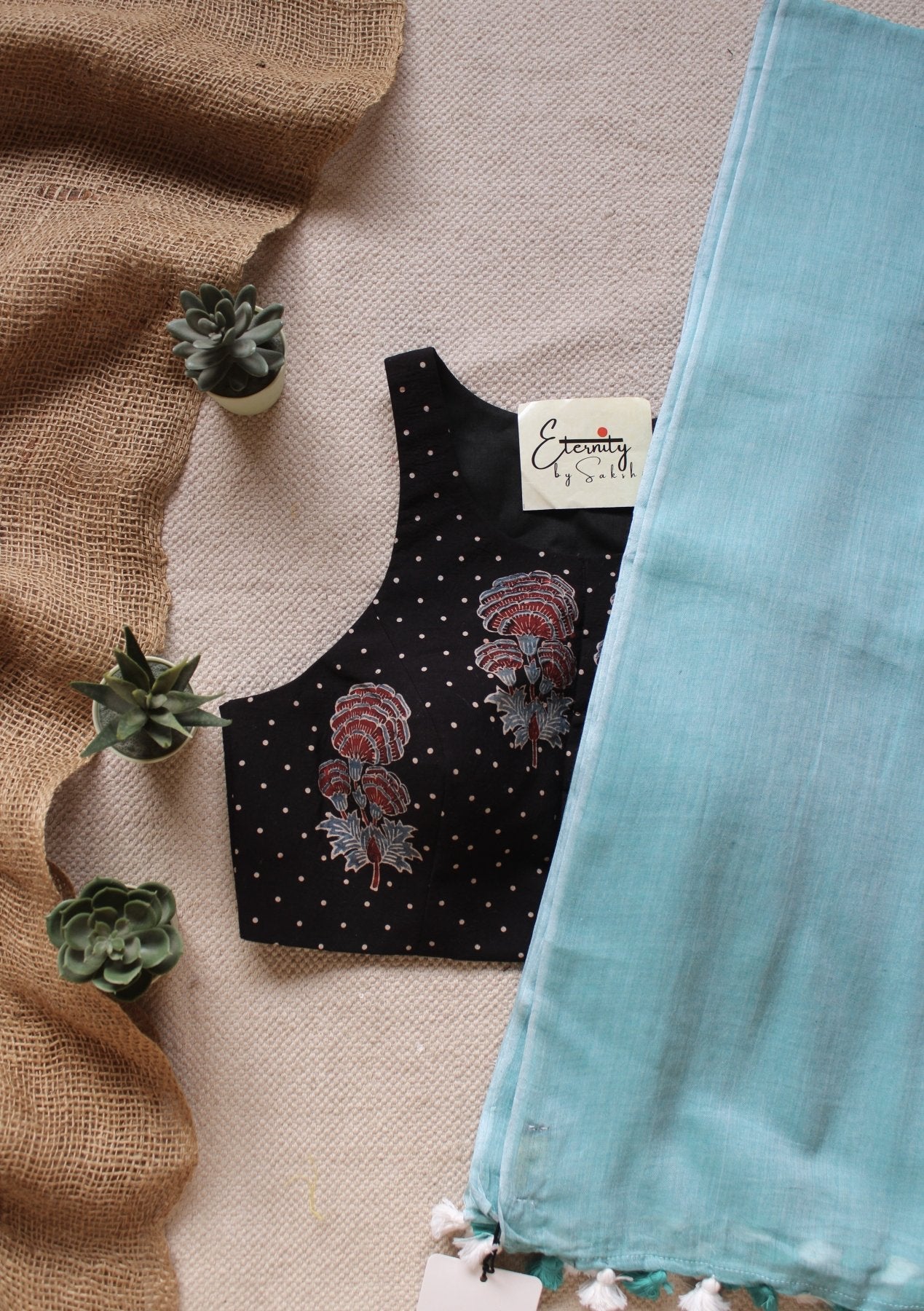Saundarya Breezy Saree + Gulmohar Black Ajrakh Blouse Combo - Eternity by Sakshi